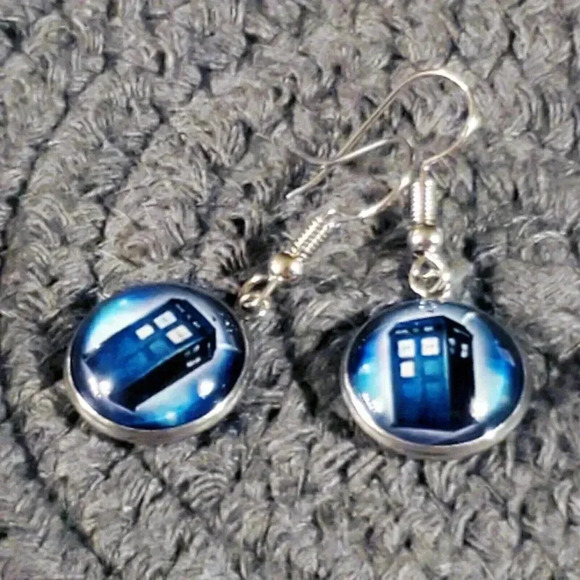 Handcrafted Police Box in Space Blue Silver Glass Earrings - Picture 2 of 6